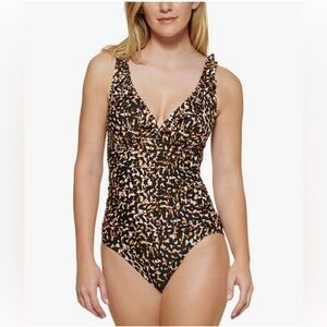 DKNY Women's Printed Ruffle Plunge Tummy-Control One-Piece swimsuit/size 12